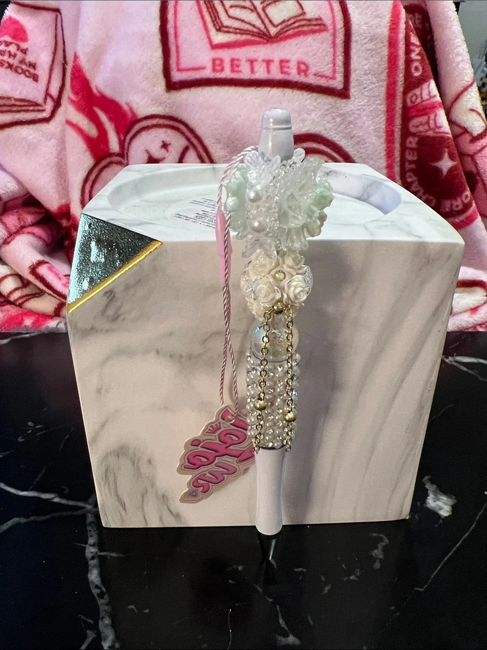 Embellished Pearl & Crystal Floral Ballpoint Pen - White & Pastel